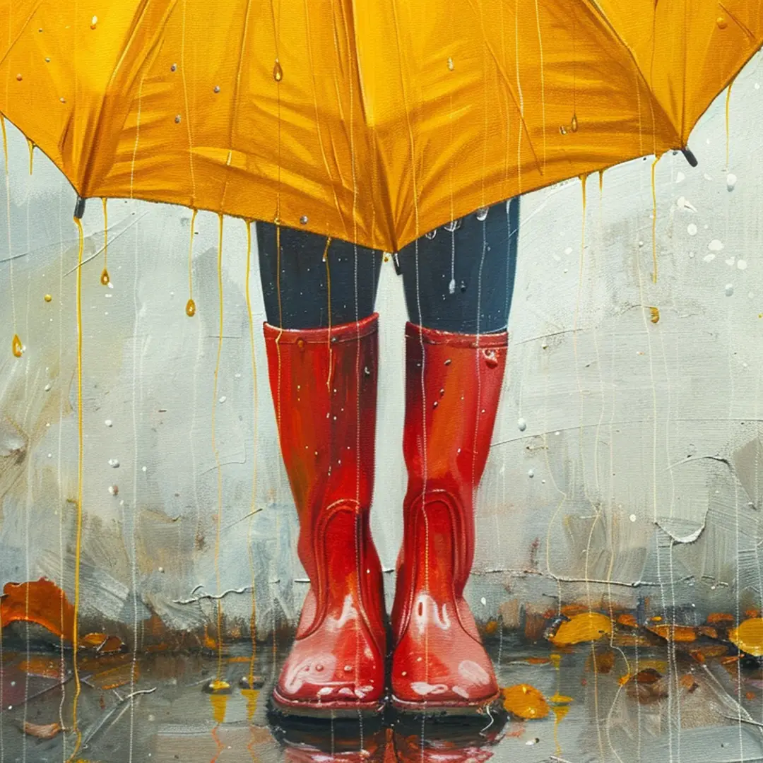 Person in red rubber boots standing under a yellow umbrella in the rain, representing the journey of stepping into joy.